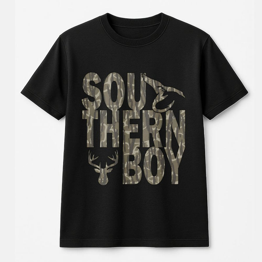 Southern Boy Graphic T-Shirt | Camo Print Deer Antler Design | 100% Cotton Premium Tee | Country Style Gift for Men and Boys