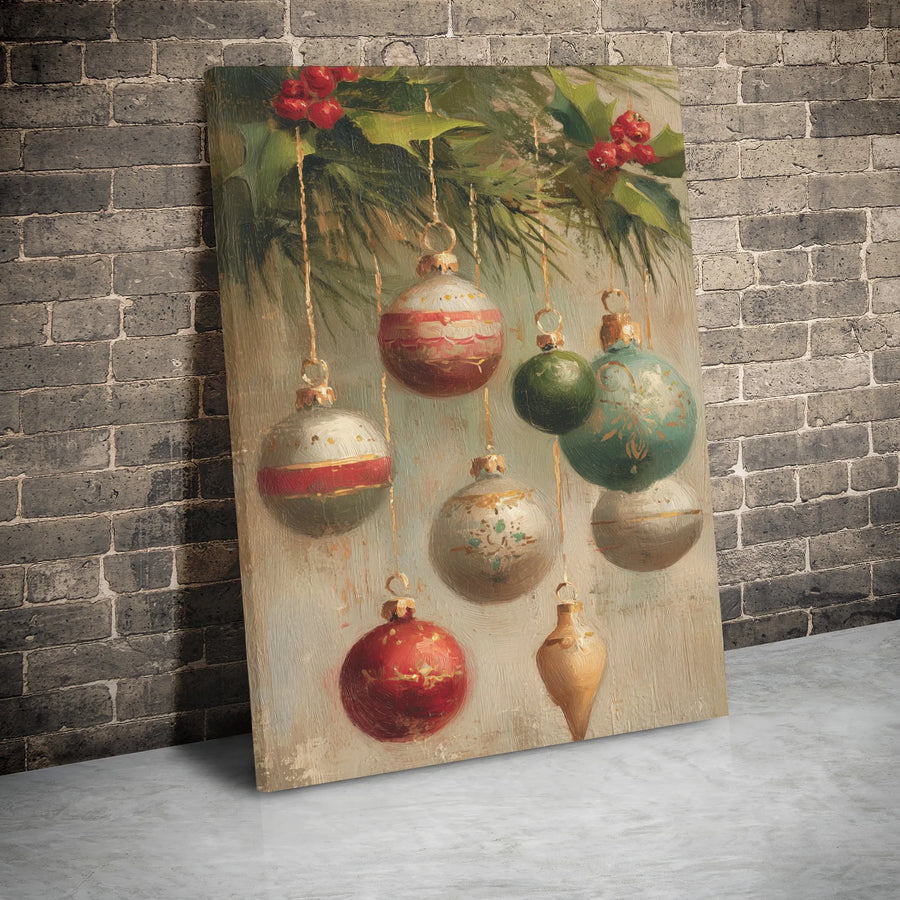 Vintage Christmas Ornaments Canvas Wall Art | Holly Berries Oil Painting Style | Premium Gallery Wrap Decor | Festive Holiday Home Gift