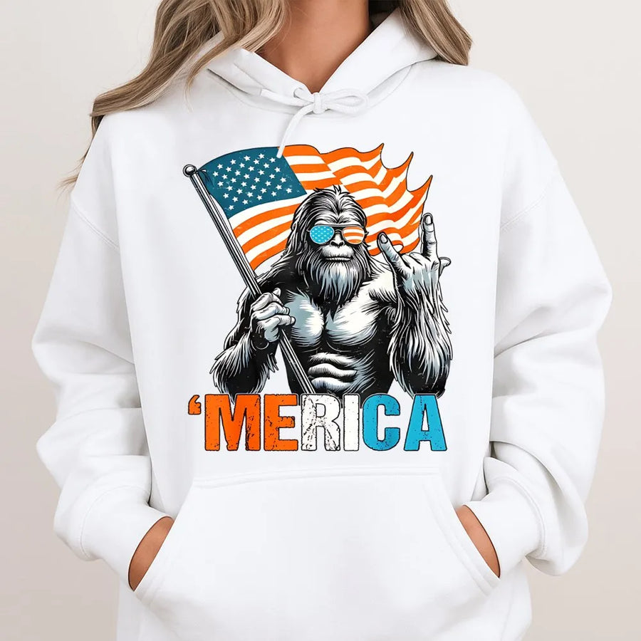 Bigfoot Merica Hoodie | Patriotic American Flag Sasquatch Graphic | Cotton Blend Premium Pullover | Funny 4th of July Gift for Men and Women