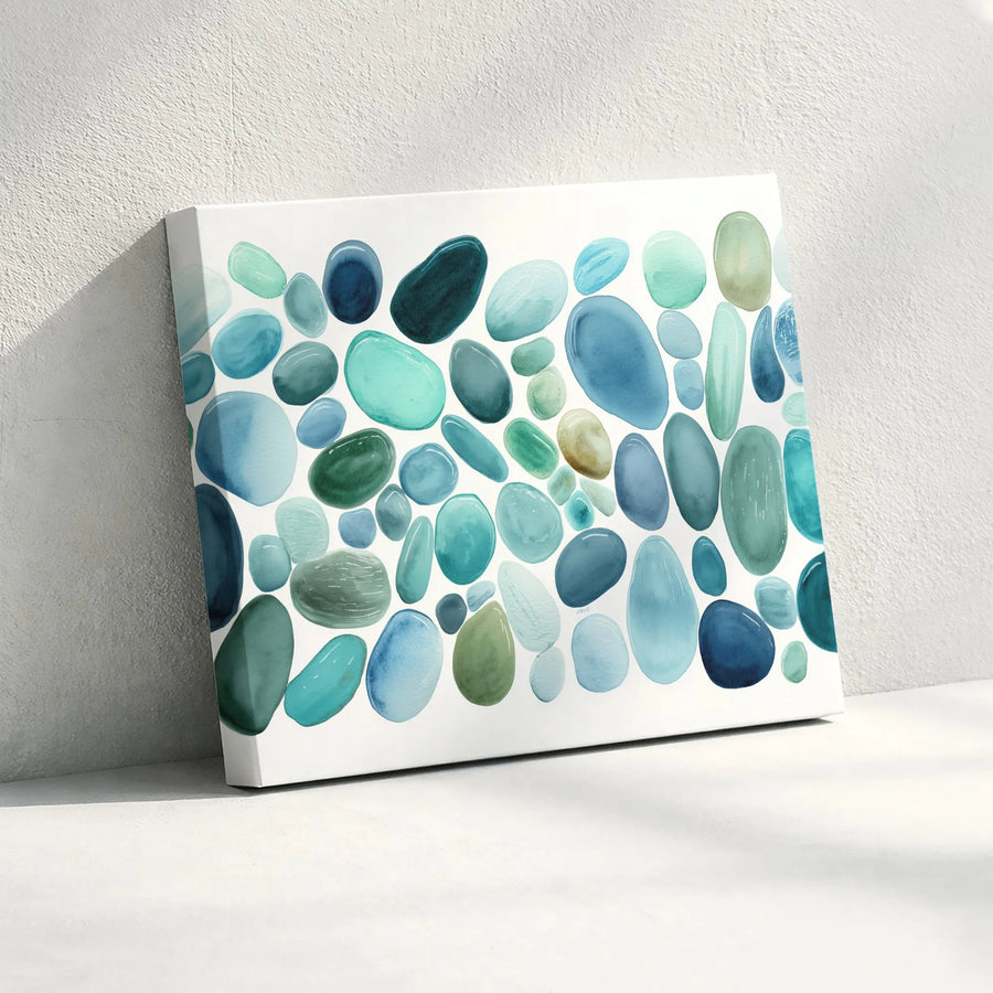 Abstract Ocean Stones Canvas Art | Blue Watercolor Sea Glass Print | Premium Gallery Wrap Wall Decor | Modern Coastal Living Room Wall Art