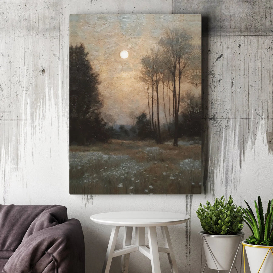 Moonlit Meadow Canvas Print | Vintage Oil Painting Reproduction | Premium Fade-Resistant Print | Moody Academia Wall Decor Gift