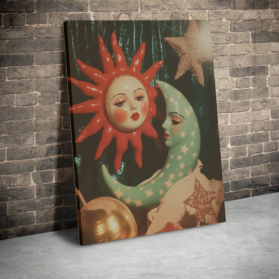 Vintage Celestial Sun and Moon Canvas | Whimsical Gold and Teal Art | Premium Fade-Resistant Print | Wall Decor Gift for Mystical Home Lovers