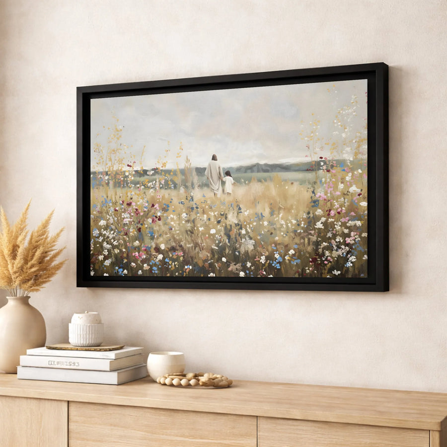 Jesus Walking With Child Canvas Print | Wildflower Meadow Religious Wall Art | Premium Fade-Resistant Gallery Wrap | Faithful Home Decor Gift