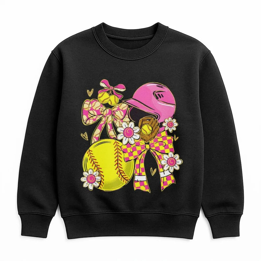 Softball Coquette Sweatshirt | Floral Bow And Helmet Graphic | Soft Cotton-Poly Blend | Cute Gift For Softball Mom Or Player