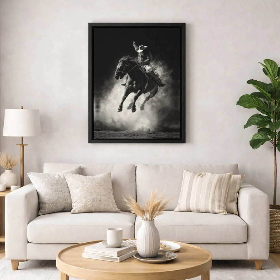 Rodeo Cowboy Canvas Wall Art | Black and White Bucking Horse Print | 1.25” Gallery Wrap Decor | Western Home Office Wall Decor