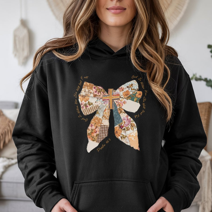 God Is Within Her Hoodie | Patchwork Floral Bow & Cross Design | Premium Cotton Blend | Christian Bible Verse Gift for Women