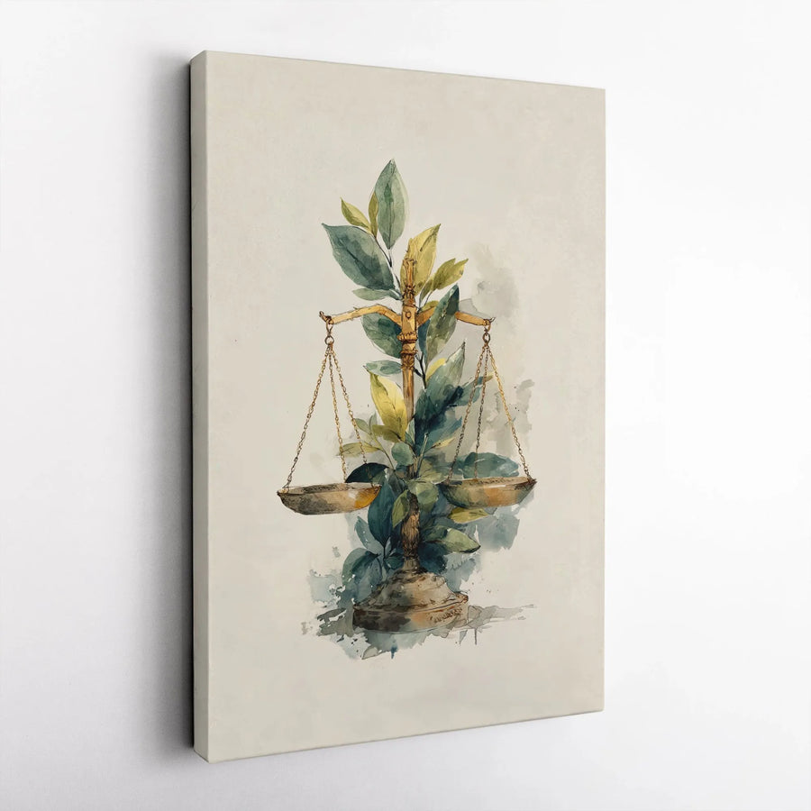 Scales of Justice Canvas Print | Watercolor Botanical Law Art | Premium Gallery Wrapped Wall Decor | Lawyer Office Gift for Attorney