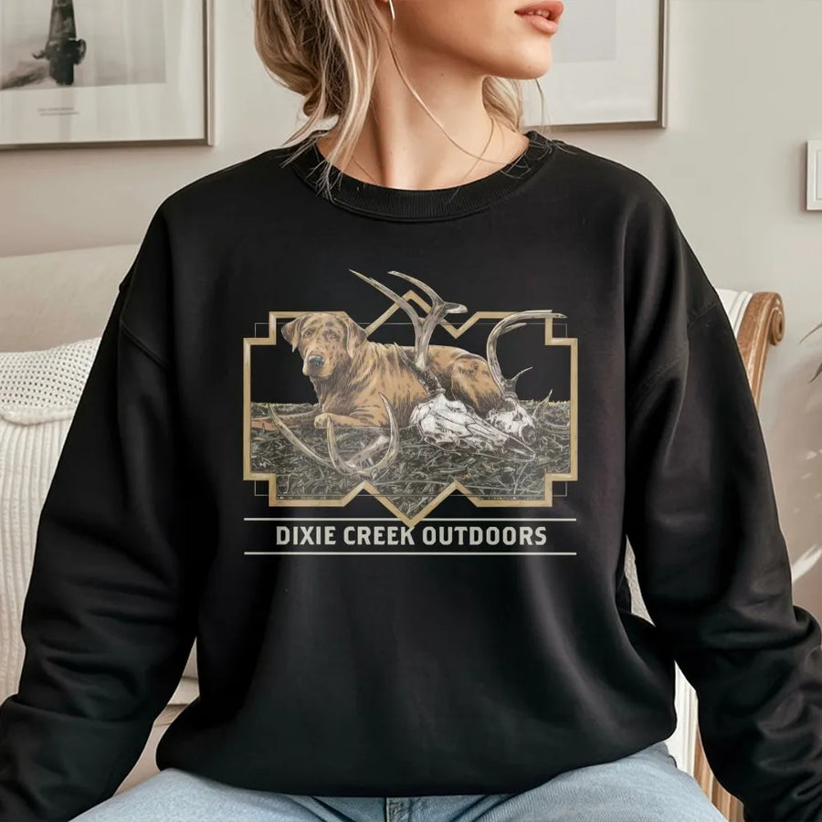 Hunting Dog Sweatshirt | Deer Antler Wildlife Graphic | Premium Cotton Blend Crewneck | Gift For Hunters And Outdoorsmen