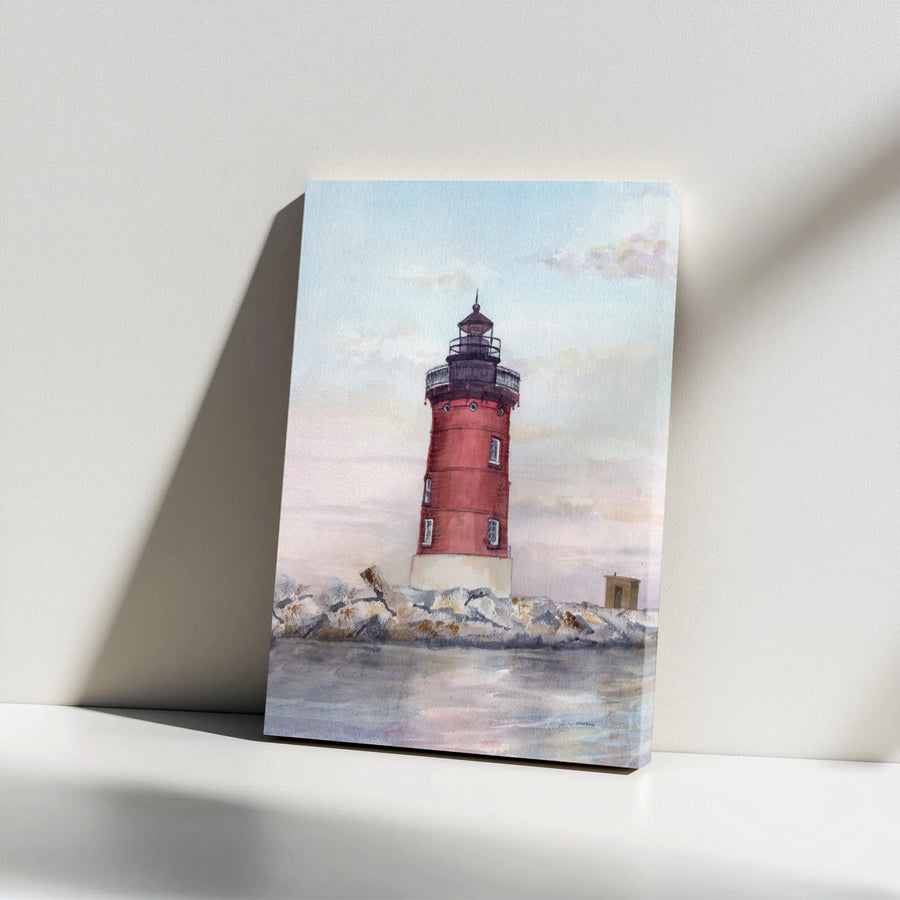 Watercolor Lighthouse Canvas Wall Art | Red Lighthouse Coastal Painting | Premium Gallery-Wrapped Canvas | Beach House & Nautical Home Decor Gift