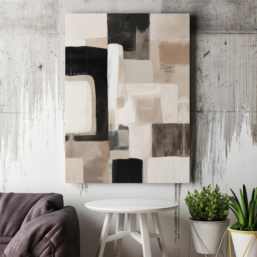 Modern Abstract Geometric Canvas Wall Art | Neutral Black and Beige Painting | Premium Gallery Profile | Minimalist Home Decor Gift
