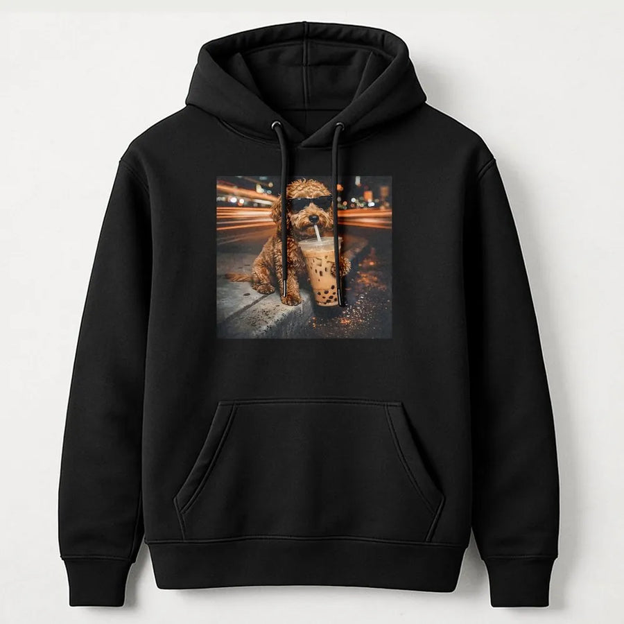 Funny Dog Hoodie | Poodle with Sunglasses Drinking Boba Tea | Premium Cotton Tee | Unique Gift for Dog Lover