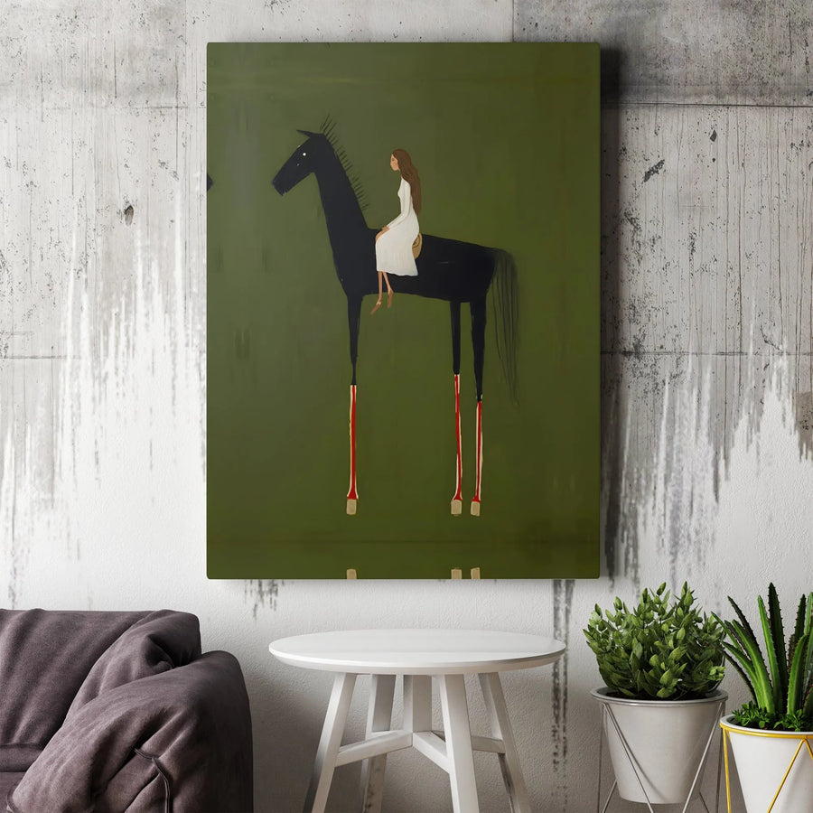 Modern Equestrian Wall Art | Abstract Woman on Black Horse Canvas Print | Premium Fade-Resistant Ink | Unique Home Decor Gift for Horse Lovers