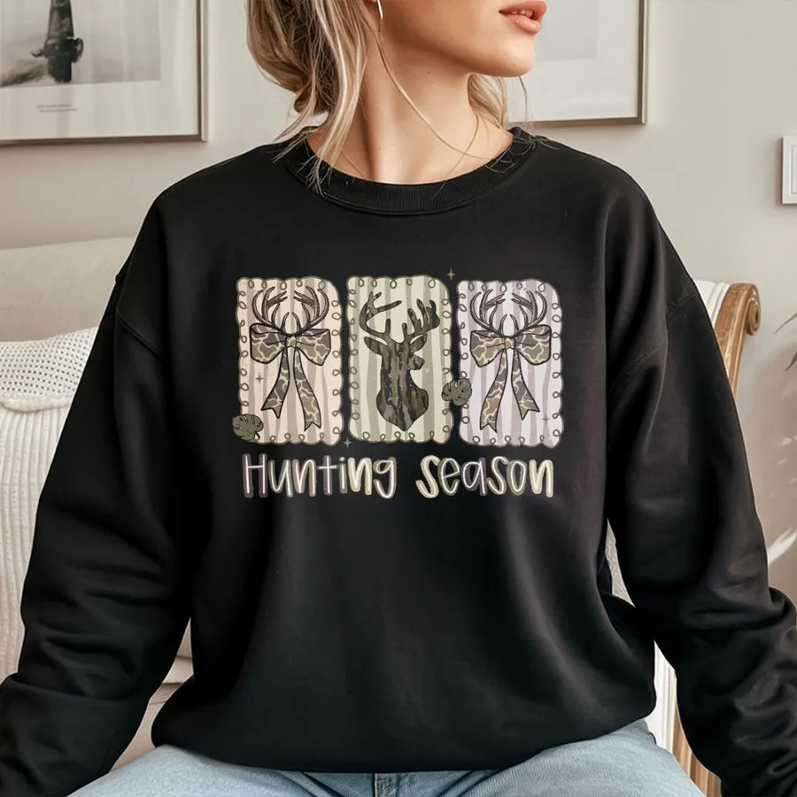 Hunting Season Sweatshirt | Cute Deer Bow Camo Graphic | Premium Cotton Blend Crewneck | Rustic Country Fall Gift for Women