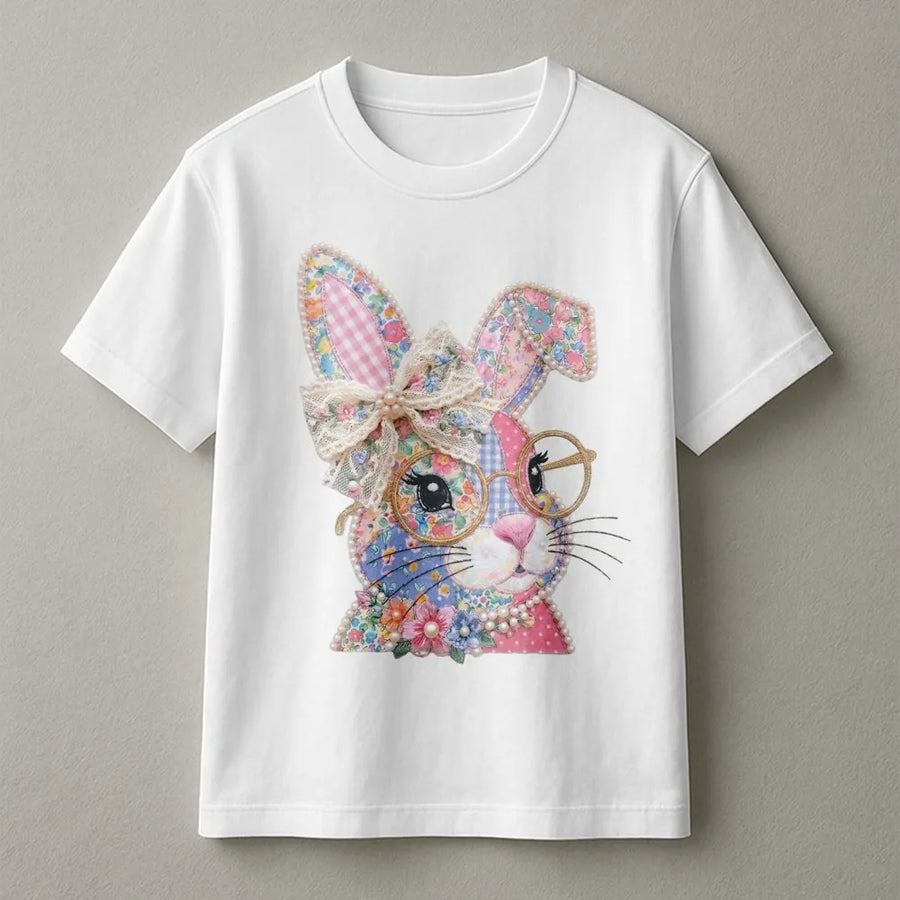 Easter Bunny T-Shirt | Floral Patchwork Rabbit with Glasses | 100% Cotton Premium Tee | Cute Spring Animal Gift for Women and Kids