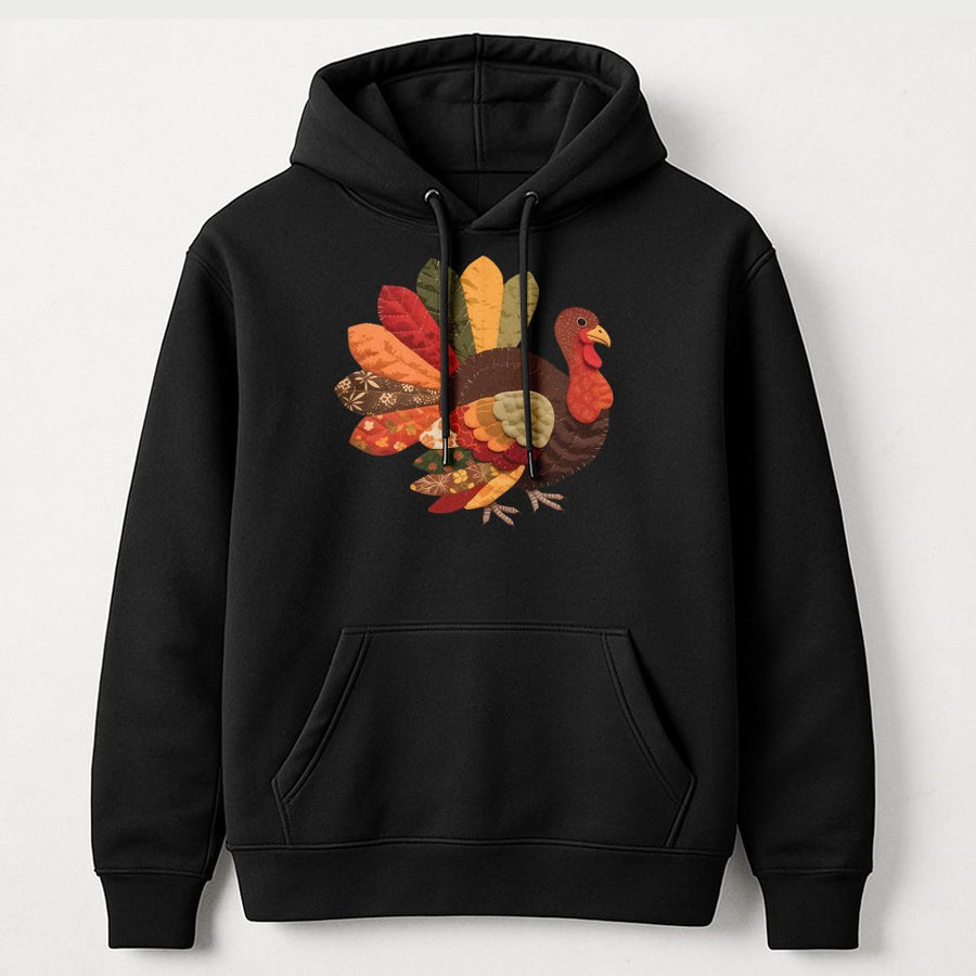 Patchwork Turkey Thanksgiving Hoodie | Colorful Fall Art Graphic | Premium Cotton Blend | Unisex Holiday Gift for Women and Men