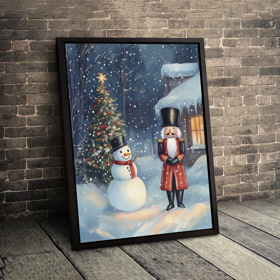 Nutcracker And Snowman Christmas Wall Art | Whimsical Snowy Winter Scene | Premium Gallery Wrap Canvas | Holiday Decor Gift For Home