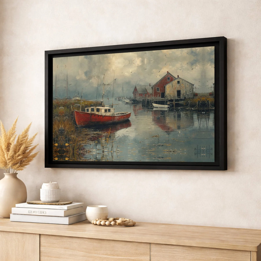Coastal Harbor Wall Art | Rustic Red Fishing Boat Landscape | Gallery Quality Canvas Print | Nautical Home Decor Gift for Beach House