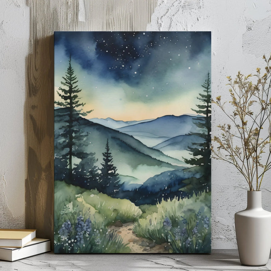 Misty Mountain Canvas Wall Art | Watercolor Forest Night Sky Landscape | Premium Gallery Wrap Print | Nature Lover Home Decor Gift
