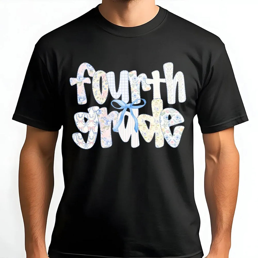 Fourth Grade Teacher T-Shirt | Coquette Bow Floral Graphic | Premium Cotton-Blend | Back to School Elementary Teacher Gift