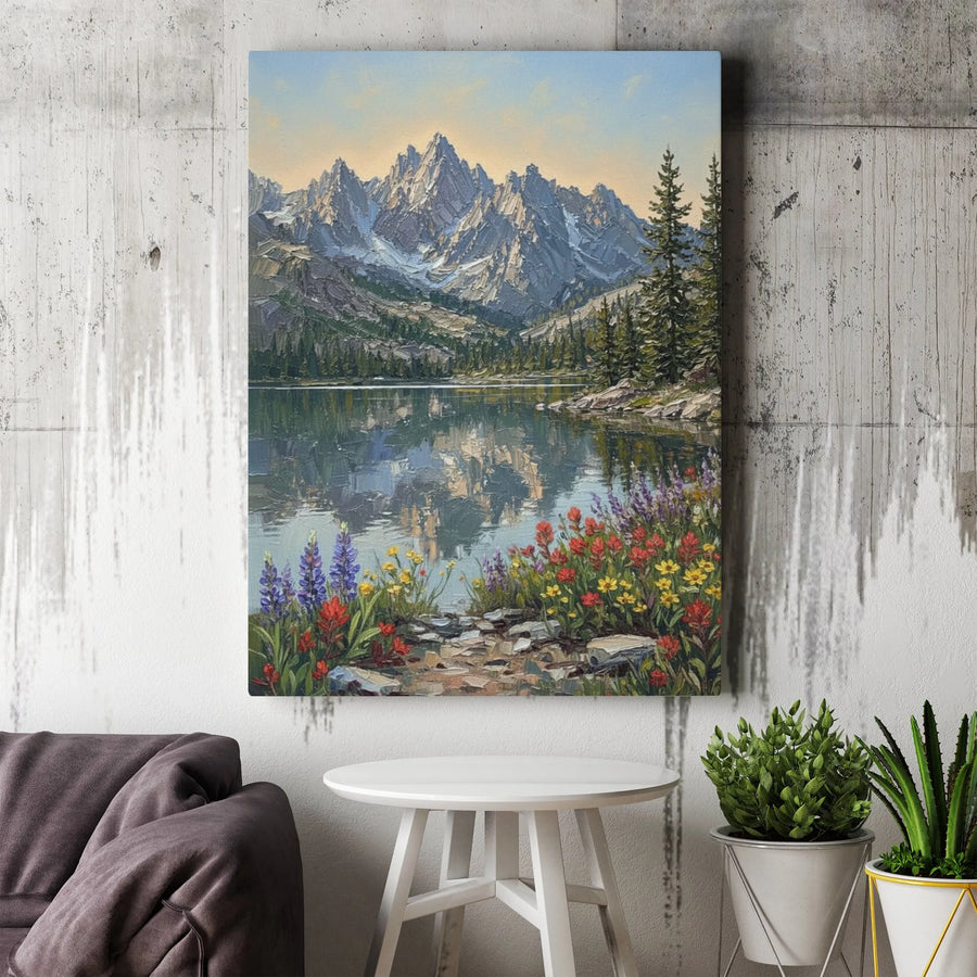 Mountain Lake Canvas Wall Art | Textured Wildflower Painting Print | Premium 1.25" Thick Gallery Wrap | Rustic Cabin Decor Gift for Nature Lovers