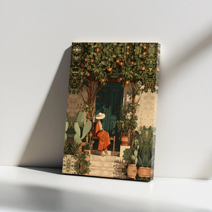 Italian Summer Canvas Print | Rustic Porch with Orange Grove Art | Premium Gallery Wrap | Boho Living Room Decor Gift