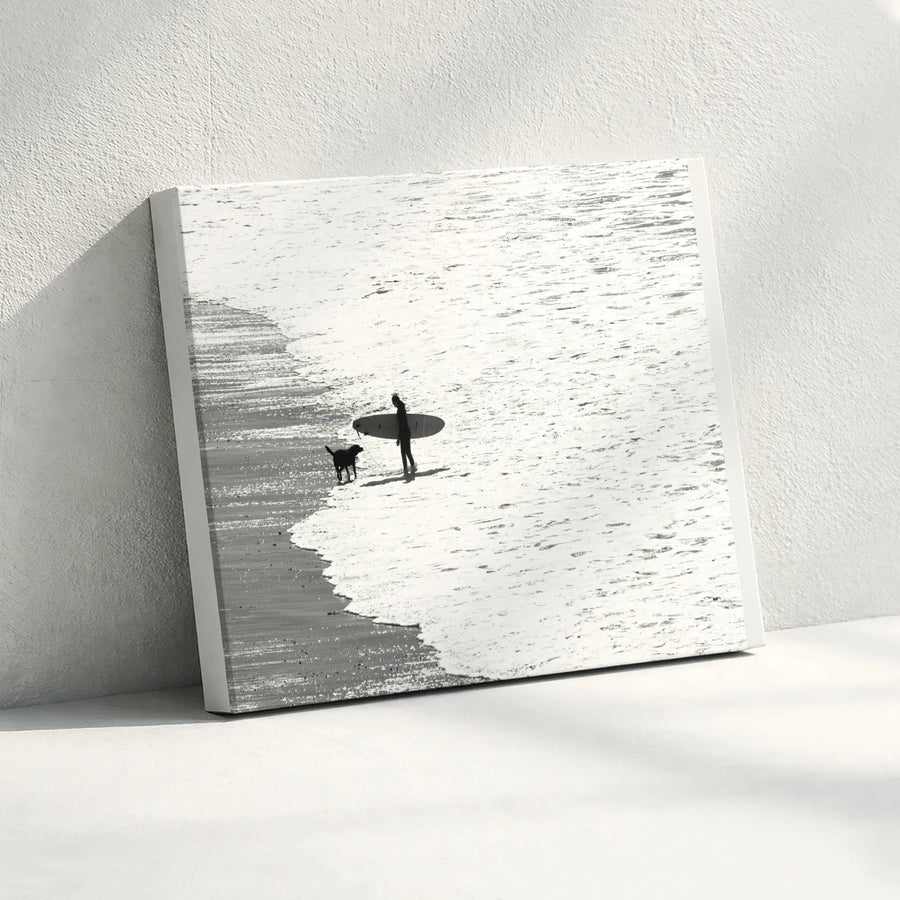 Surfer and Dog Canvas Print | Minimalist Black and White Beach Photography | Premium Gallery Wrap Canvas | Coastal Wall Art Gift for Surfers