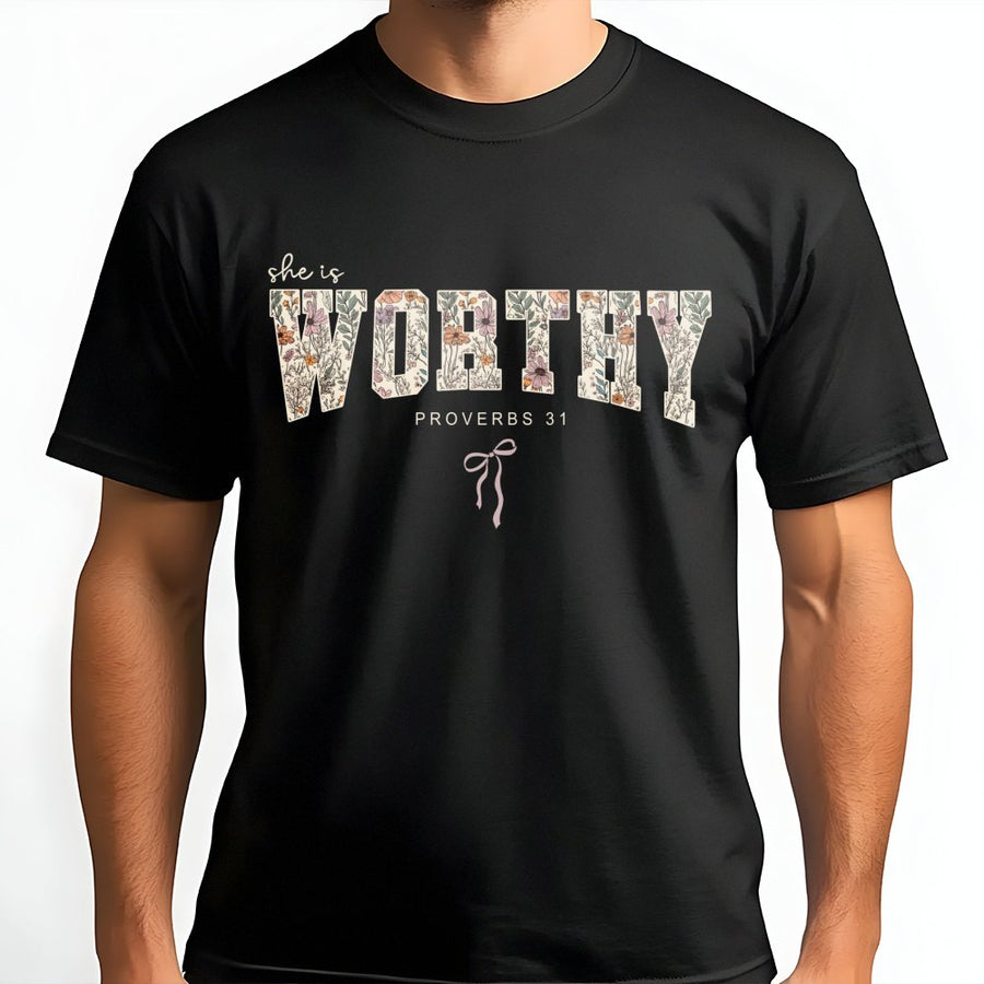 She Is Worthy T-Shirt | Floral Proverbs 31 Christian Graphic Tee | Premium Cotton Bible Verse Apparel | Encouraging Faith-Based Religious Gift