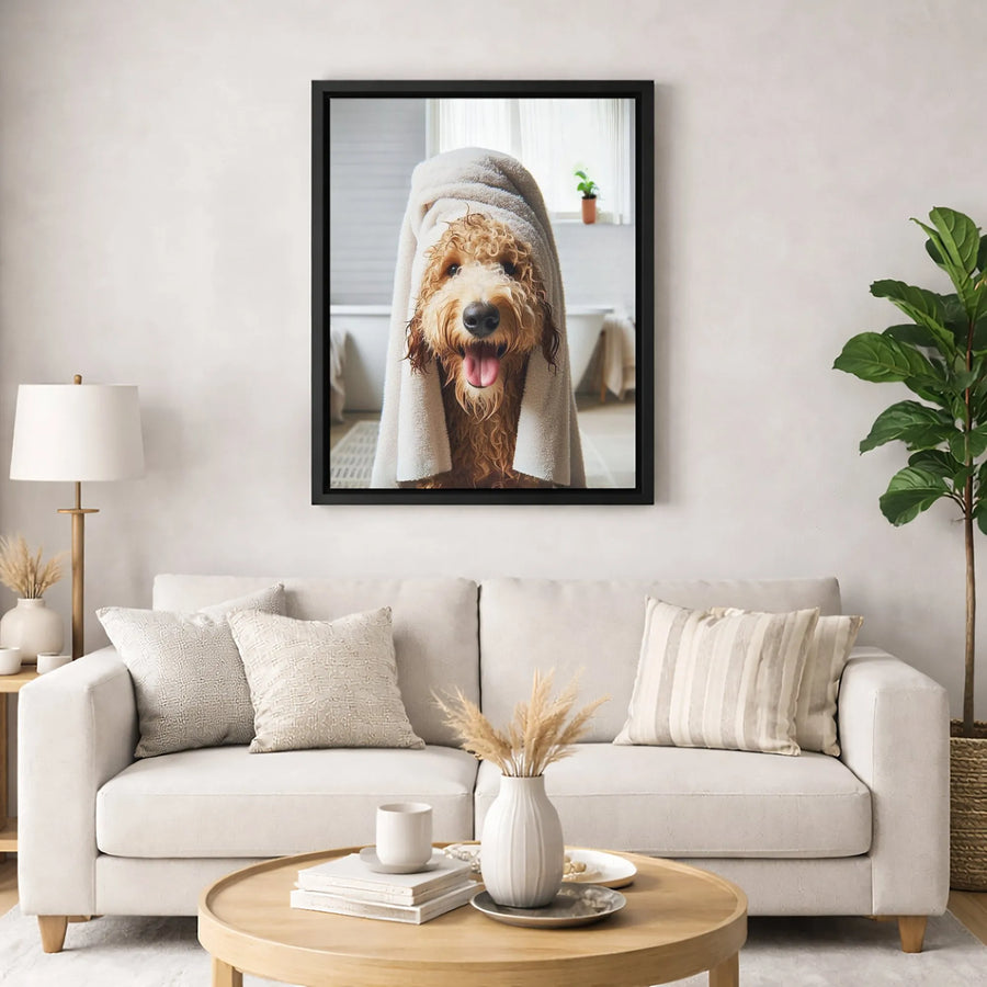 Goldendoodle Dog Canvas Art | Cute Wet Dog In Towel Portrait | Premium Gallery Wrapped Wall Decor | Funny Dog Lover Gift Idea