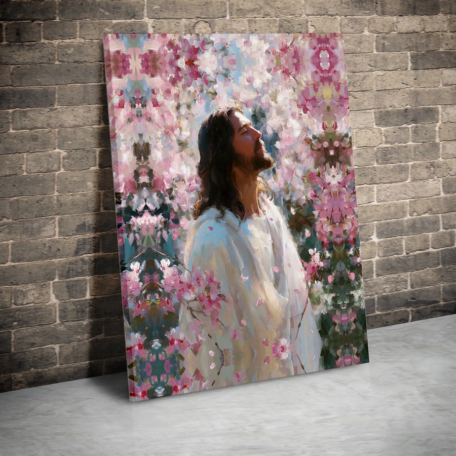 Jesus Christ Canvas Wall Art | Painterly Portrait with Pink Cherry Blossoms | Premium Gallery Wrapped Canvas | Spiritual Gift for Christian Home