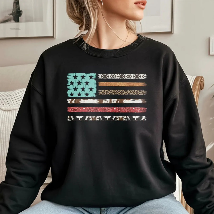 Western American Flag Sweatshirt | Boho Cowboy Print Distressed Graphic | Premium Cotton Blend | Patriotic Gift for Men & Women