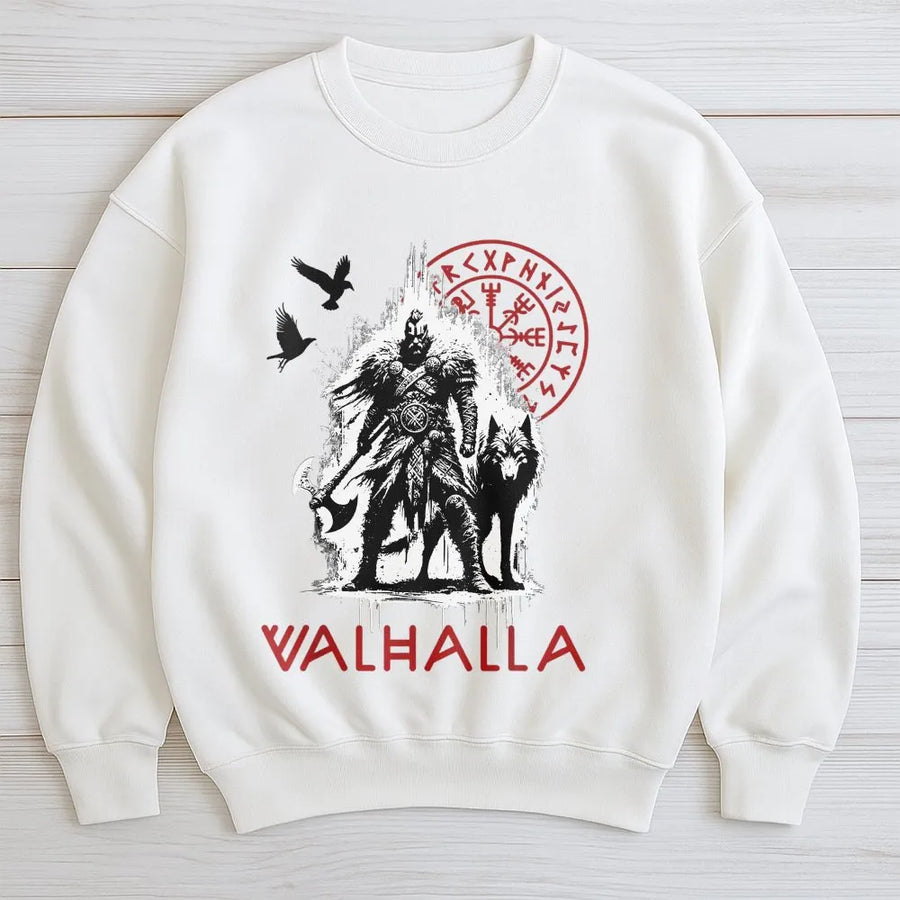 Viking Valhalla Sweatshirt | Norse Compass, Wolf & Raven Graphic | Premium Cotton Blend Pullover | Gift for Men, Nordic Mythology Apparel