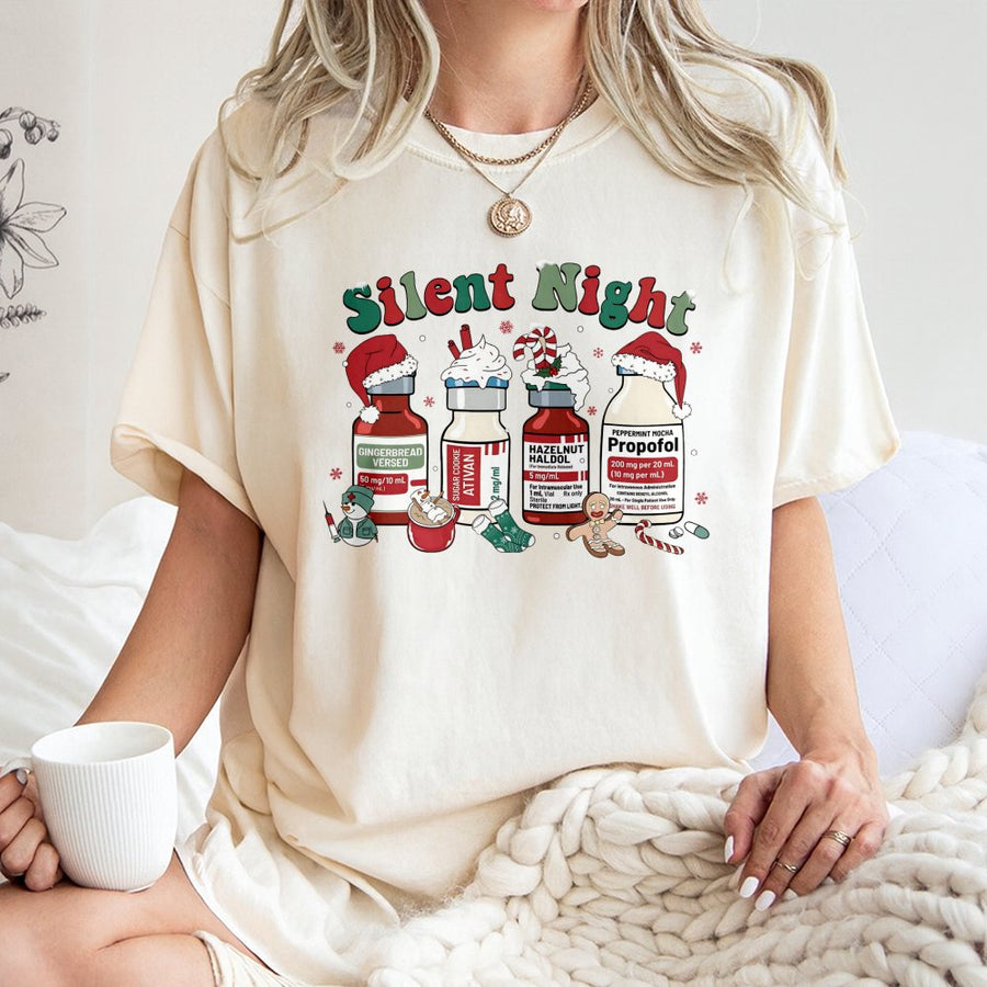 Silent Night Christmas T-Shirt | Medical Holiday Nurse Design | 100% Cotton Premium Tee | Funny ICU RN Gift for Doctors and Medical Professionals