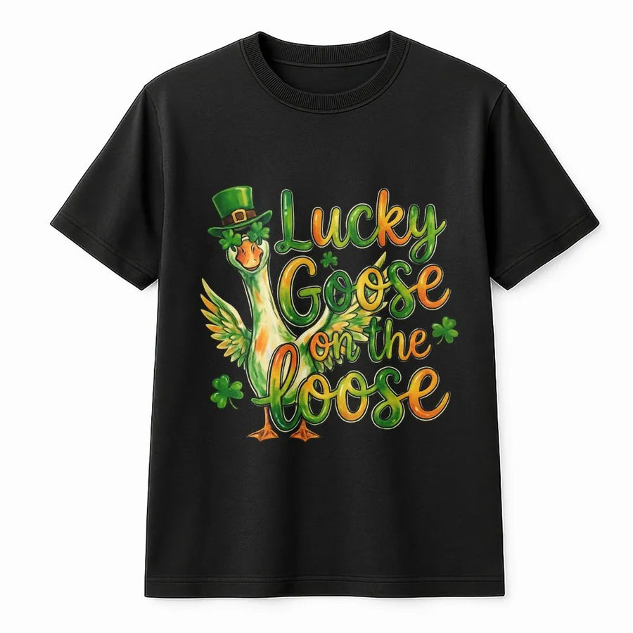 Lucky Goose On The Loose T-Shirt | Funny St. Patrick’s Day Leprechaun Graphic | 100% Cotton Premium Tee | Shamrock Apparel Gift For Men And Women