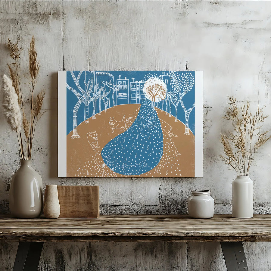 Folk Art Dogs Canvas Print | Musical Night Dog Park Scene | Premium Gallery Wrapped Canvas | Unique Home Decor Gift for Dog Lover