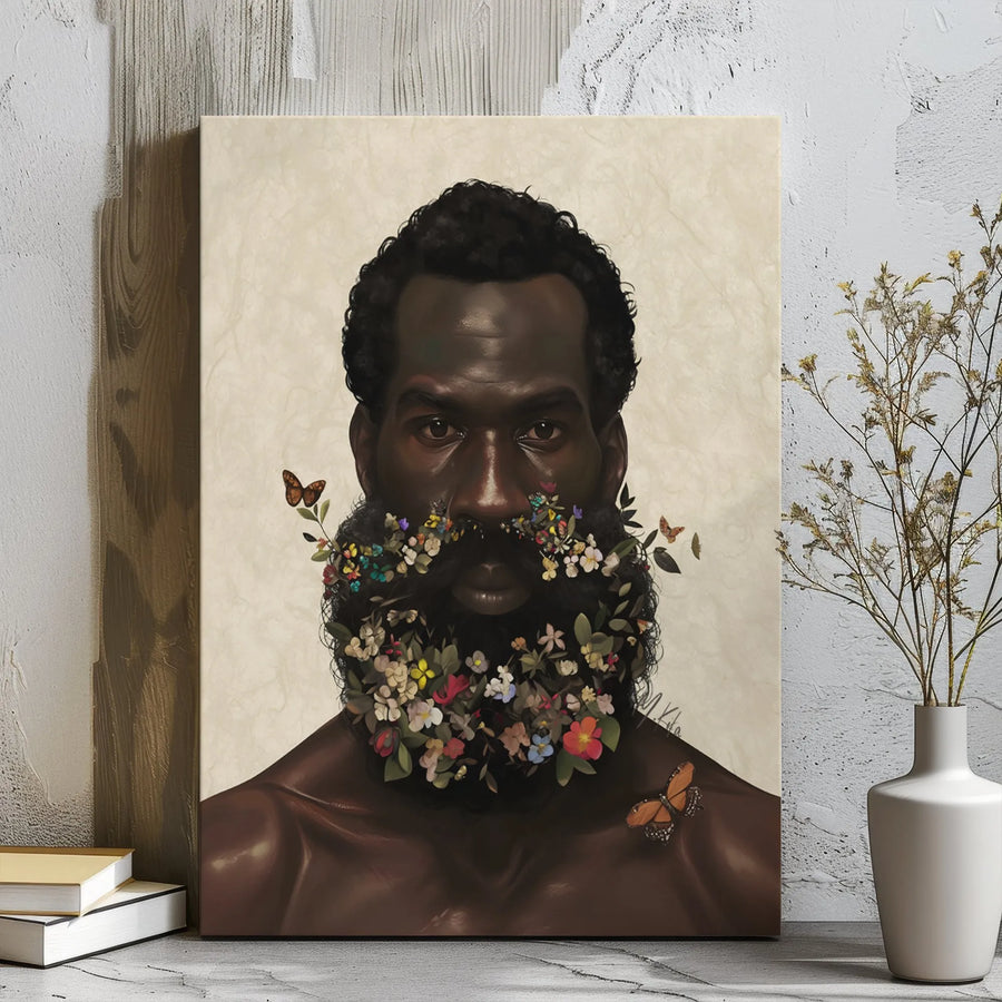 Black Man Portrait Canvas Art | Flower Beard Surreal Wall Decor | Gallery Wrapped Premium Print | Modern African American Home Office Gift