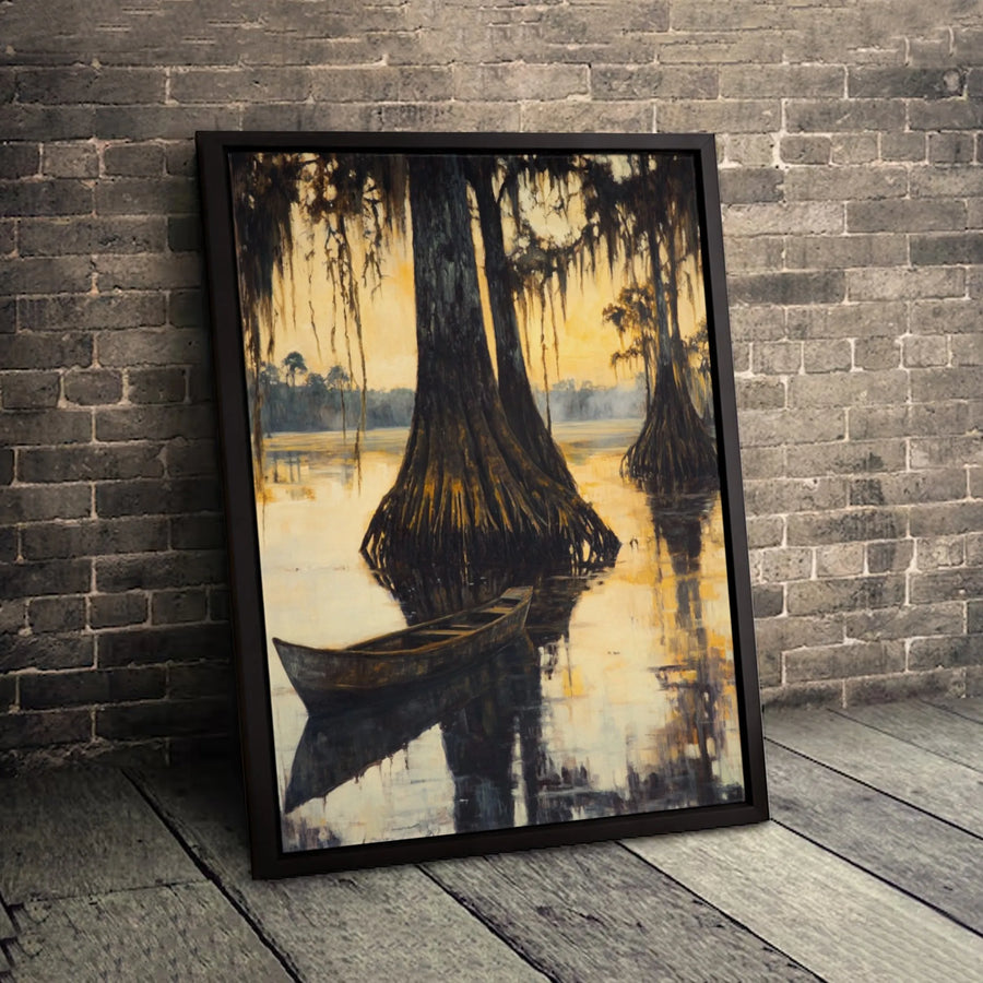 Cypress Swamp Wall Art | Moody Sunset Bayou Canoe Canvas Print | 1.25-Inch Gallery Wrap | Rustic Southern Landscape Decor for Living Room