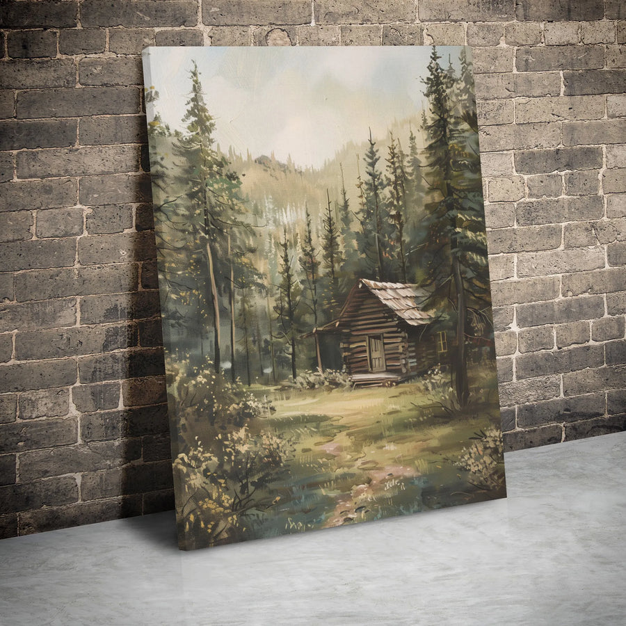 Cabin in the Woods Canvas Print | Rustic Forest Landscape Painting | Premium Gallery Wrapped Wall Art | Nature Lover Home Decor Gift