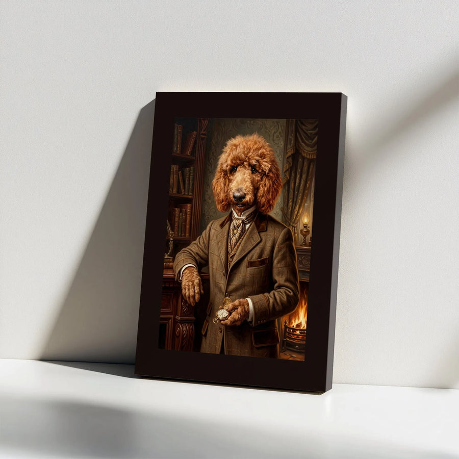 Victorian Goldendoodle Dog Portrait Vertical Canvas | Funny Gentleman Dog in Tweed Suit Wall Art | Premium 1.25" Gallery Wrap | Whimsical Gift for Pet Lovers
