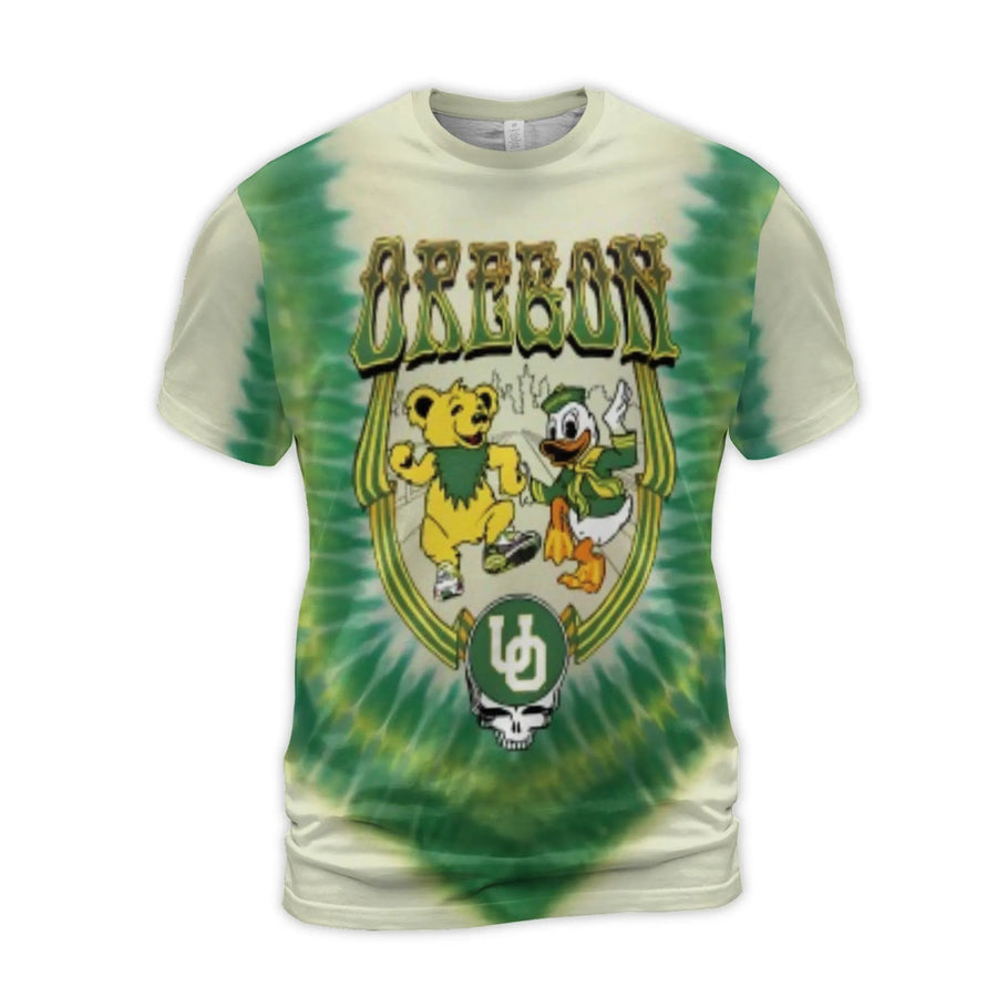 Grateful Ducks It Never Rains In Autzen Stadium Oregon Bear And Duck Mascot Tie-Dye 3D T Shirt