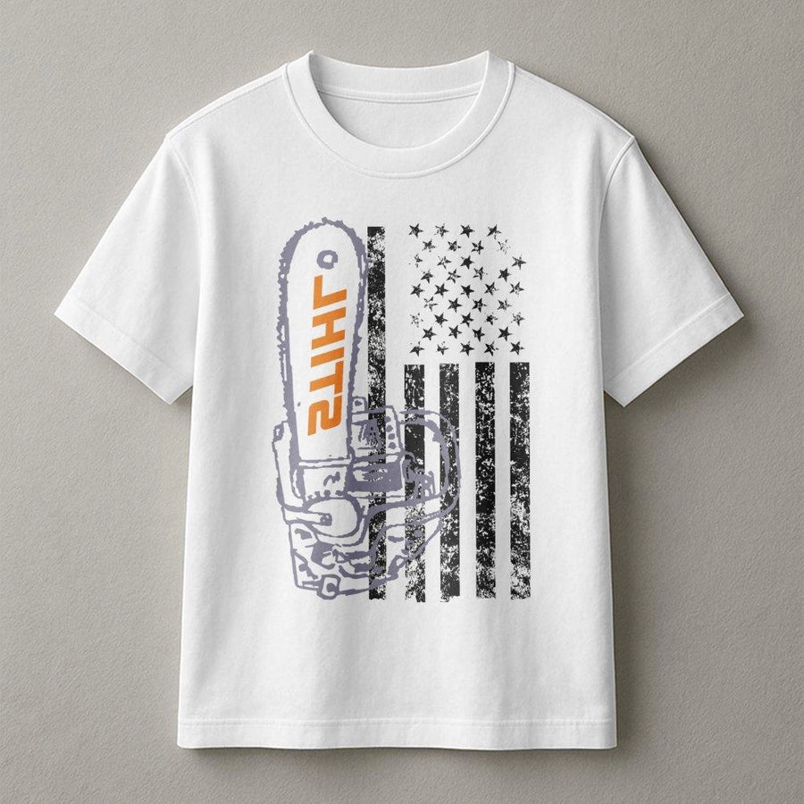 Chainsaw Flag T-Shirt | Patriotic Logger Graphic Tee | Premium 100% Cotton Apparel | Gift for Arborist Mechanic Dad