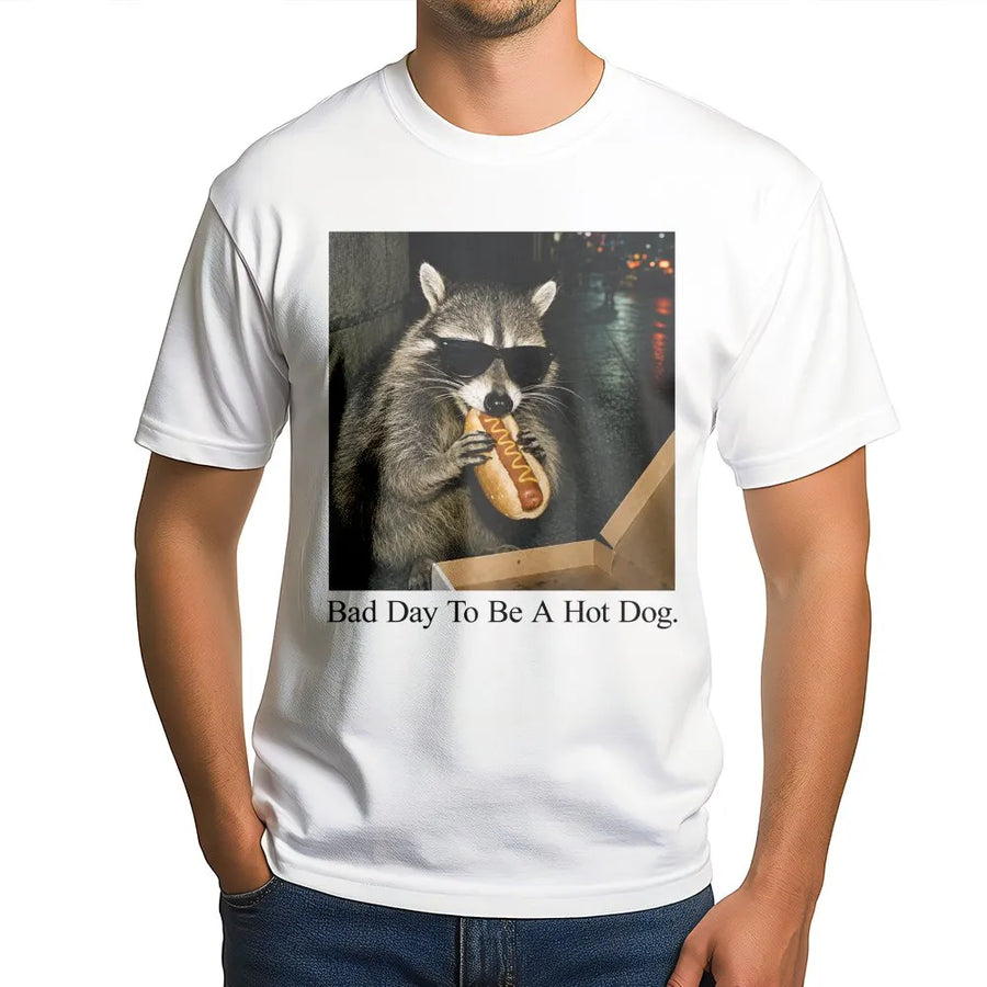 Funny Raccoon Meme T-Shirt | Bad Day To Be A Hot Dog Graphic Sweatshirt | Soft Cotton-Blend Pullover | Unisex Gift for Animal Lovers