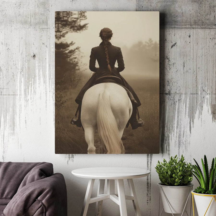 Equestrian Wall Art | Sepia Tone Woman Riding White Horse Portrait | Premium Gallery Canvas | Vintage Style Farmhouse Home Decor