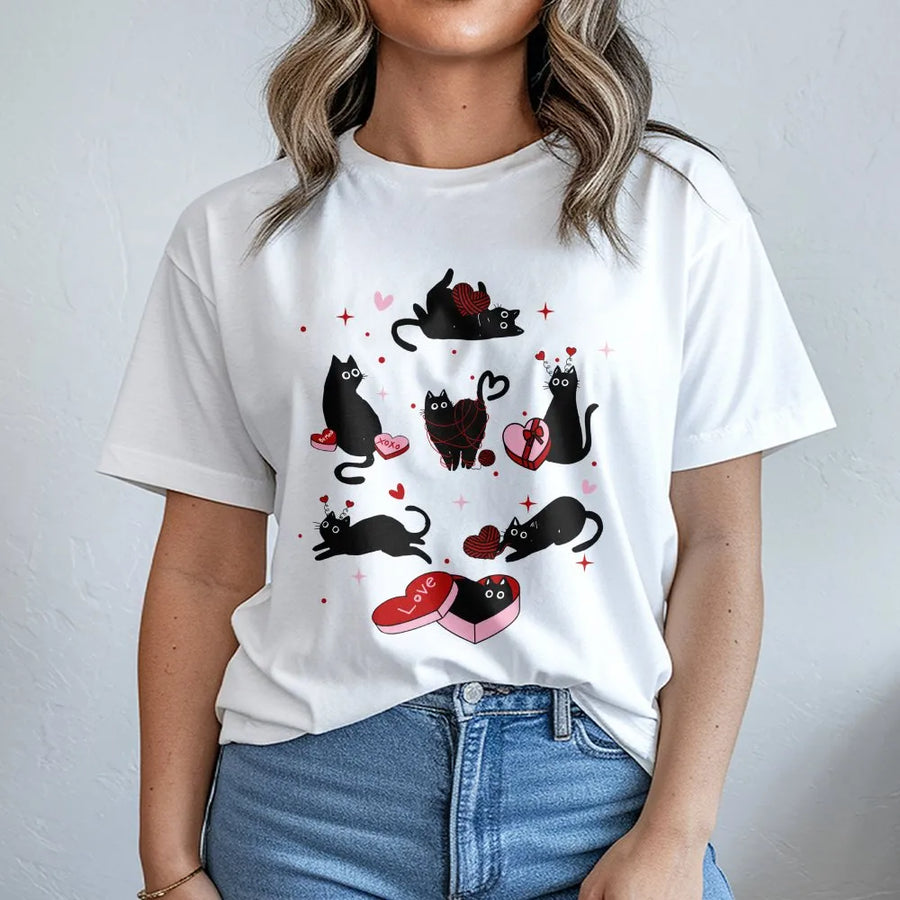 Valentine Black Cat T-Shirt | Cute Kitten Hearts Graphic Design | Premium 100% Cotton Apparel | Romantic Cat Mom Gift Idea for Her