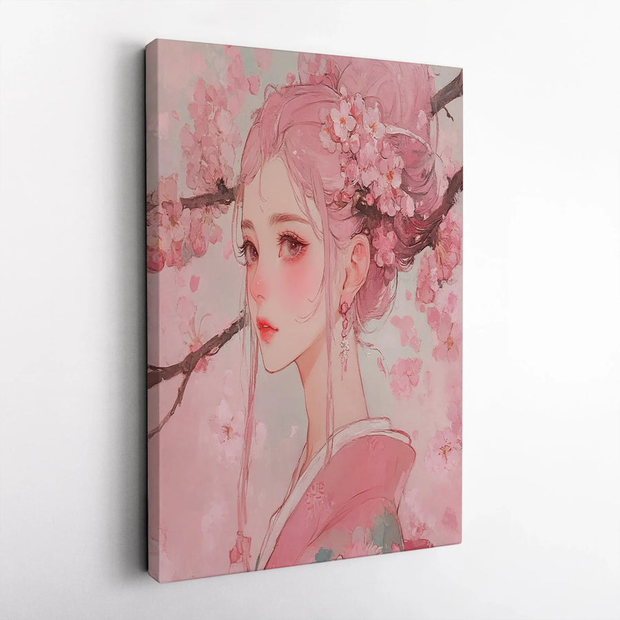 Anime Girl Wall Art | Pink Cherry Blossom Kimono Portrait | 1.25” Gallery Wrap Canvas | Premium Aesthetic Home Decor Gift