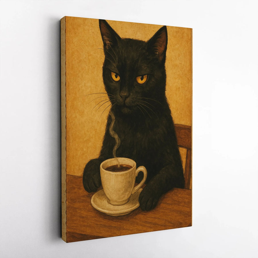 Grumpy Black Cat Coffee Canvas Wall Art | Vintage Style Moody Animal Portrait | Premium Fade-Resistant Print | Funny Kitchen Decor Gift
