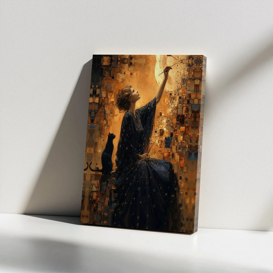 Celestial Artist Canvas Print | Woman Painting Moon with Black Cat | Premium Gallery Wrapped Art | Mystical Home Decor Gift