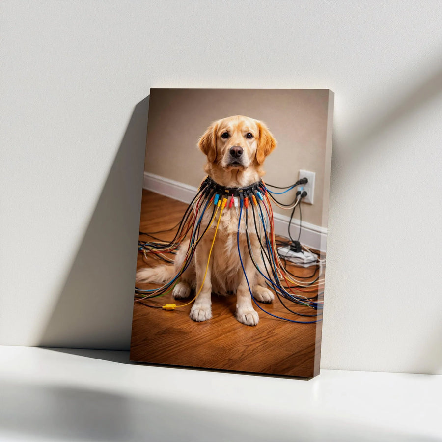 Funny Golden Retriever Canvas Print | Tech Support Dog with Cable Collar Wall Art | Premium 1.25" Thick Canvas | Humorous Gift for IT Worker, Office Decor