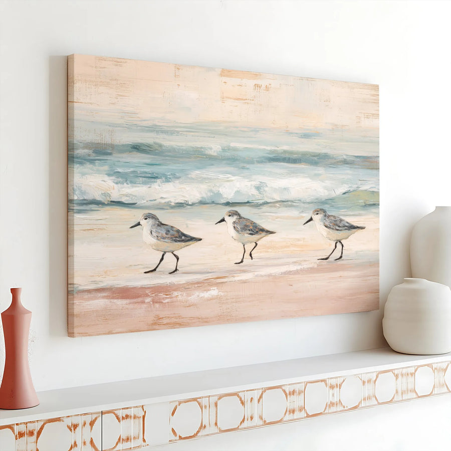 Coastal Bird Wall Art | Three Sandpipers Shoreline Painting | Premium Gallery Wrap Canvas | Beach House Decor For Living Room