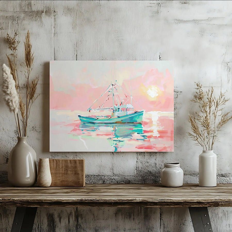 Coastal Fishing Boat Canvas Wall Art | Pink Sunset Impressionist Print | Premium Gallery Wrapped Decor | Nautical Home Office Gift