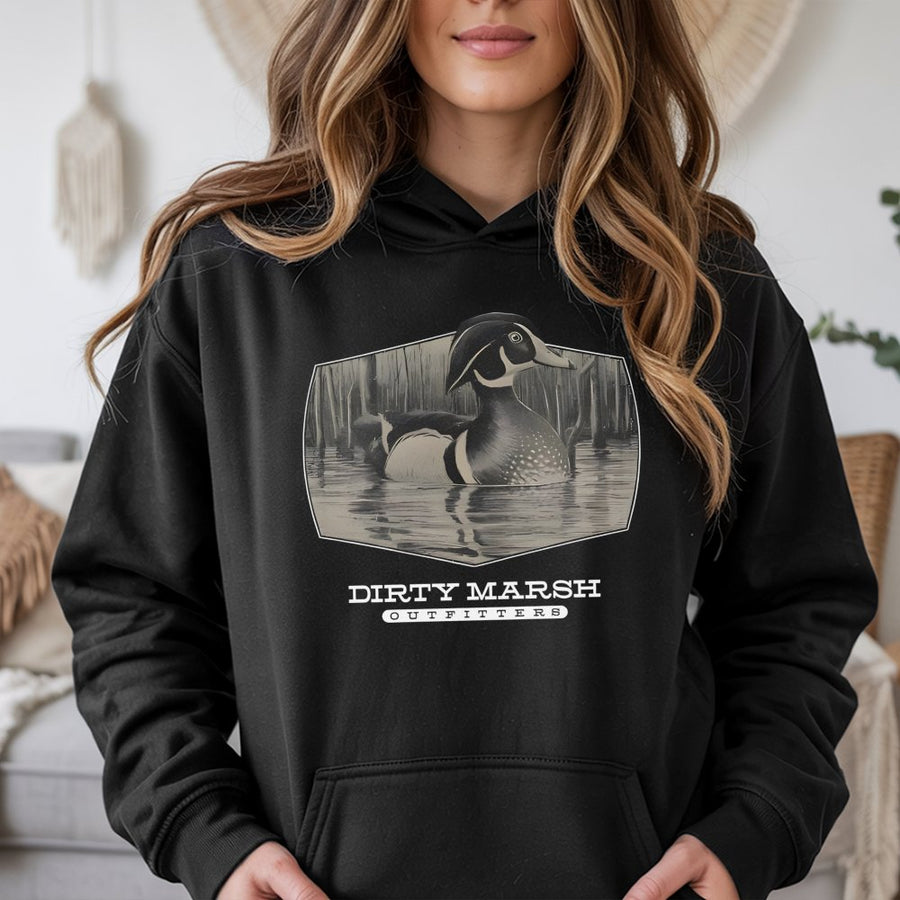 Duck Hunting Hoodie | Vintage Wood Duck Marsh Graphic | Premium Cotton Blend | Waterfowl Outdoor Gift for Hunters